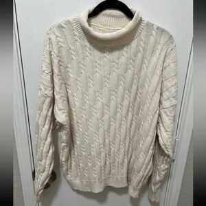 VTG 90s CableKnit 100% Cotton Fisherman Cream Sweater XL Oversized Mockneck